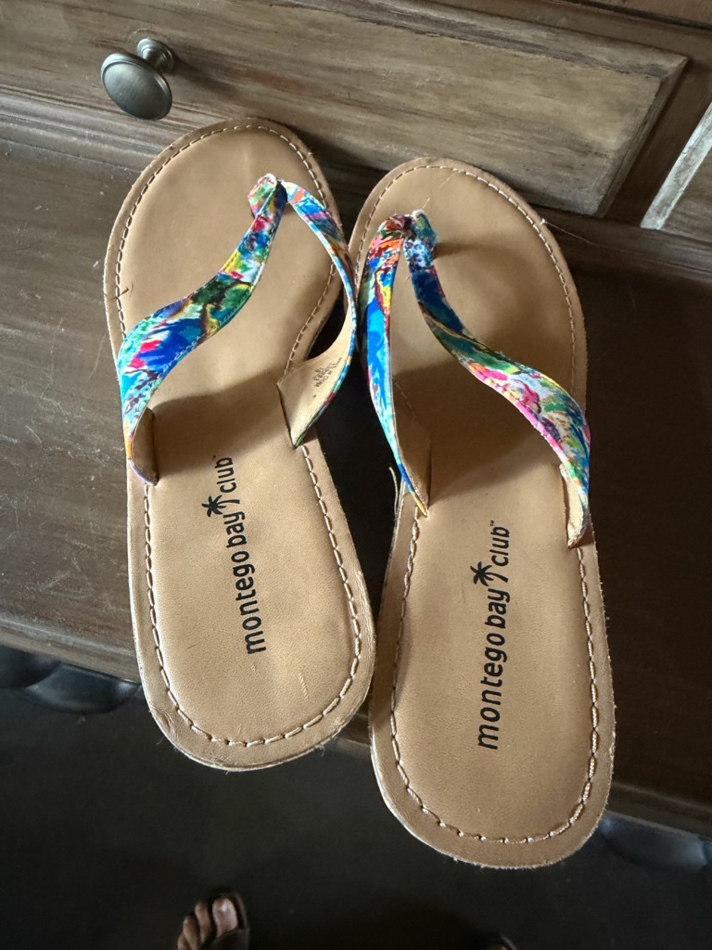 Montego Bay Club Floral Multicolor Strap Tan Footbed Flip Flops